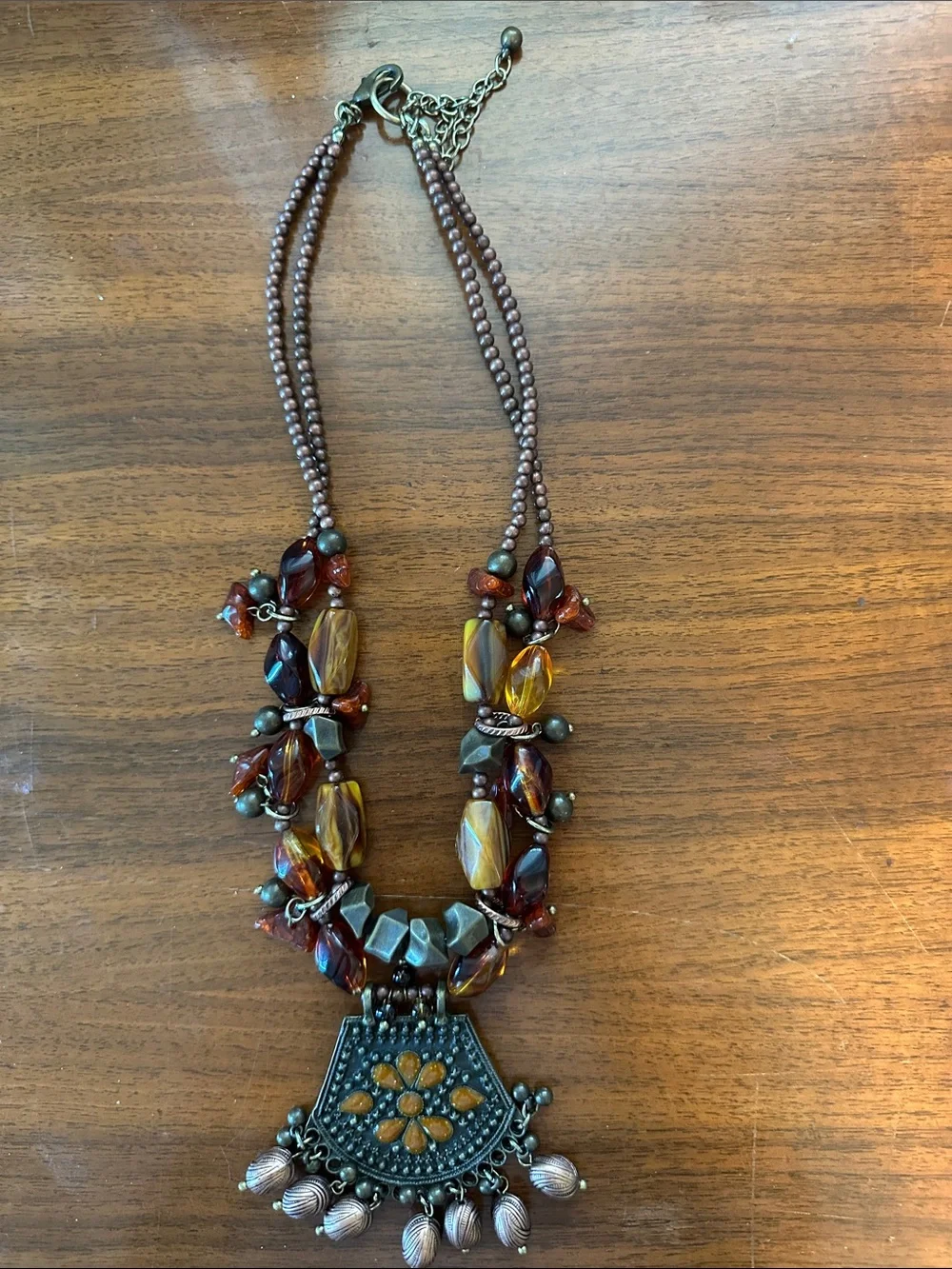 Bohemian Orange & Antique Brass Statement Pendant Necklace